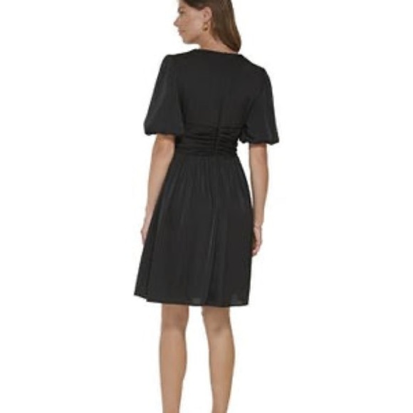 NWT. DKNY 12 V Neck Short Sleeve Fit & Flare Black Satin Dress. - Picture 13 of 16